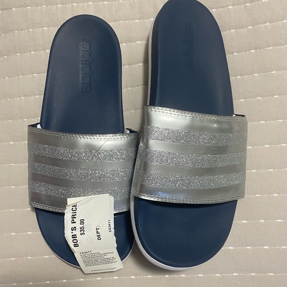 silver adidas slides